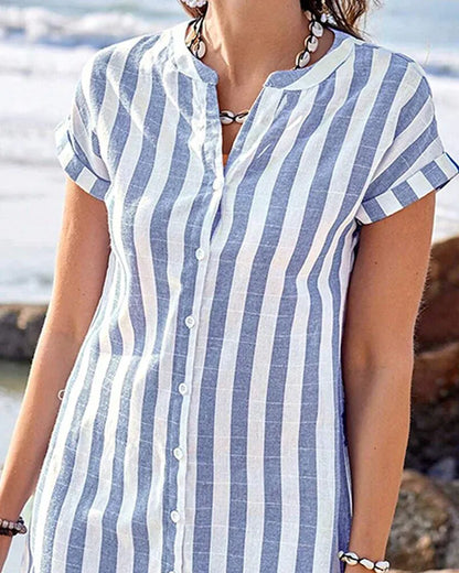 Women’s Striped Short Sleeve Button-Up Tunic Dress