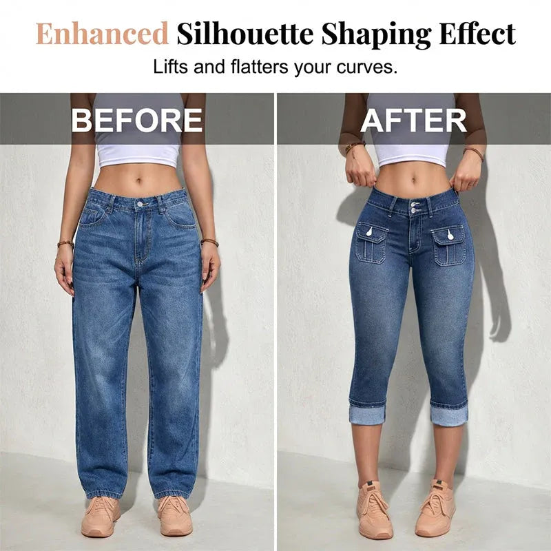 Slim Fit Stretch Denim Capri Pants with Cargo Pockets