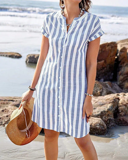 Women’s Striped Short Sleeve Button-Up Tunic Dress