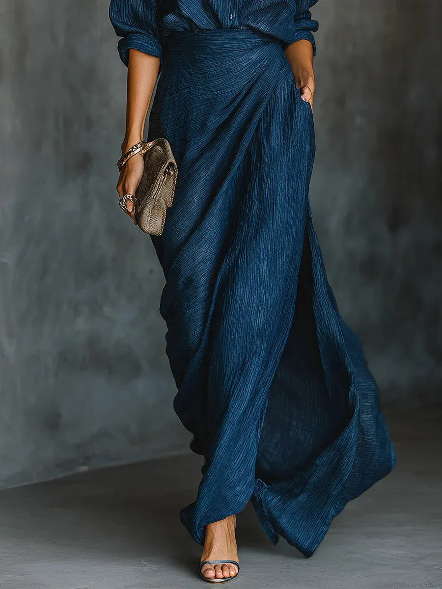 Women's Textured Collared Long Sleeve Maxi Dress