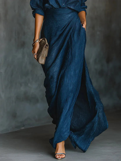Women's Textured Collared Long Sleeve Maxi Dress