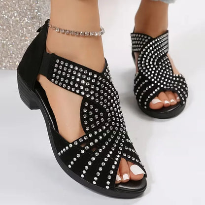 Women’s Rhinestone Cutout Open-Toe Low Heel Sandals