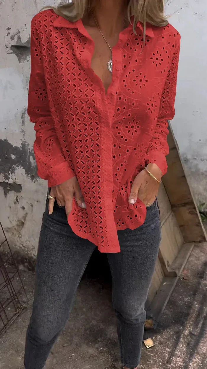 Women’s Eyelet Button-Front Long Sleeve Blouse