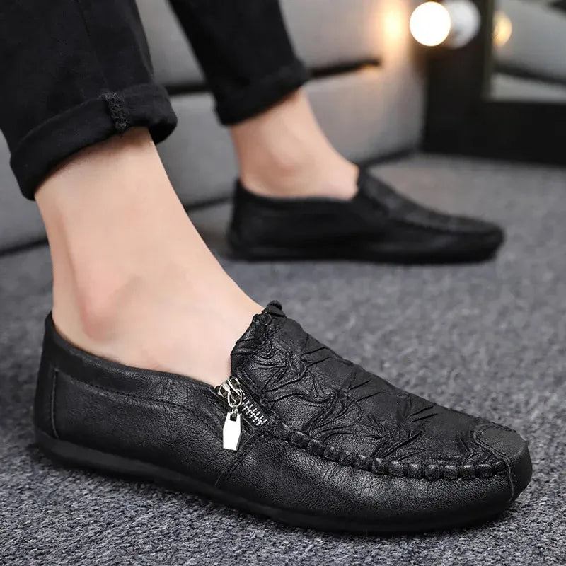 Men’s Casual Leather-Look Slip-On Loafers with Zipper