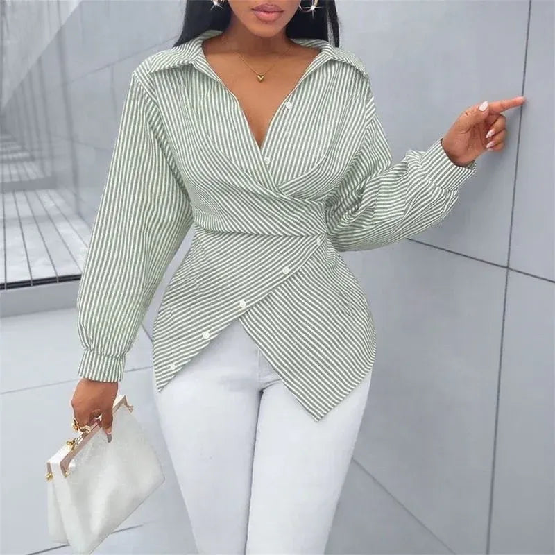 Women’s Striped Wrap Tie-Back Blouse