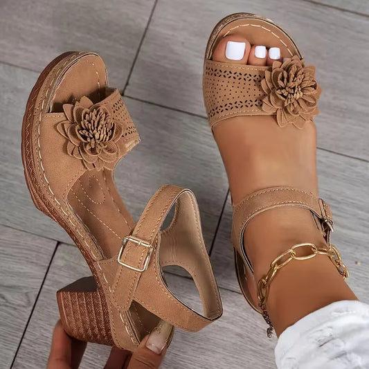 Women’s Floral Cutout Ankle-Strap Block Heel Sandals