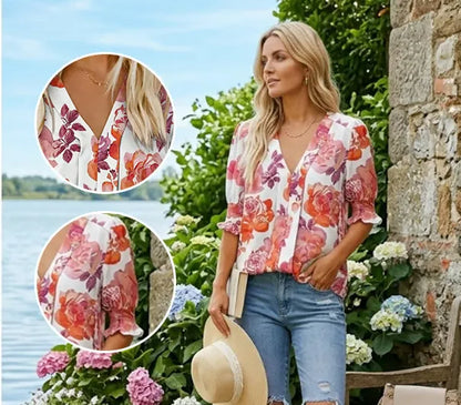Women’s Floral Split Neck Puff Sleeve Blouse