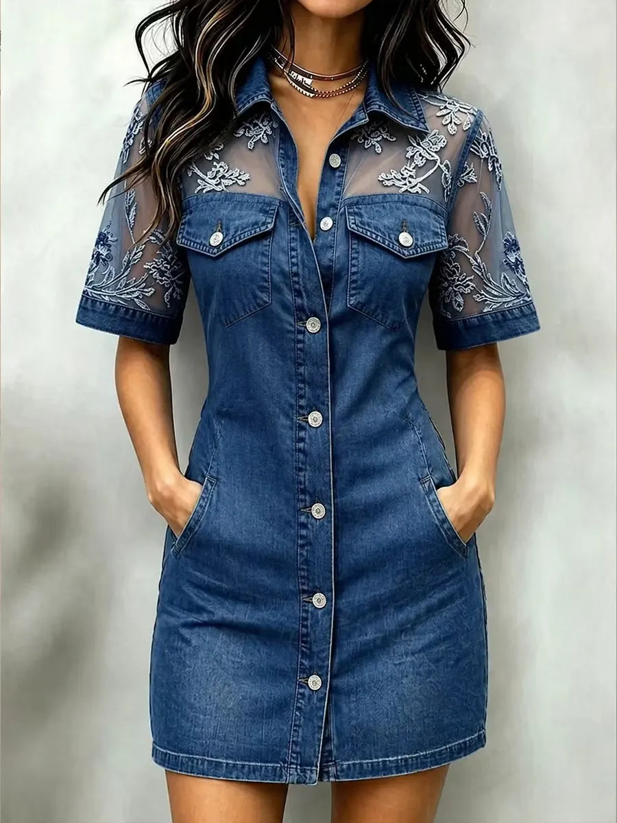 Women's Lace Mesh Denim Shirt Dress