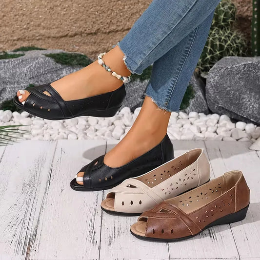Women’s Perforated Peep-Toe Low Wedge Flats