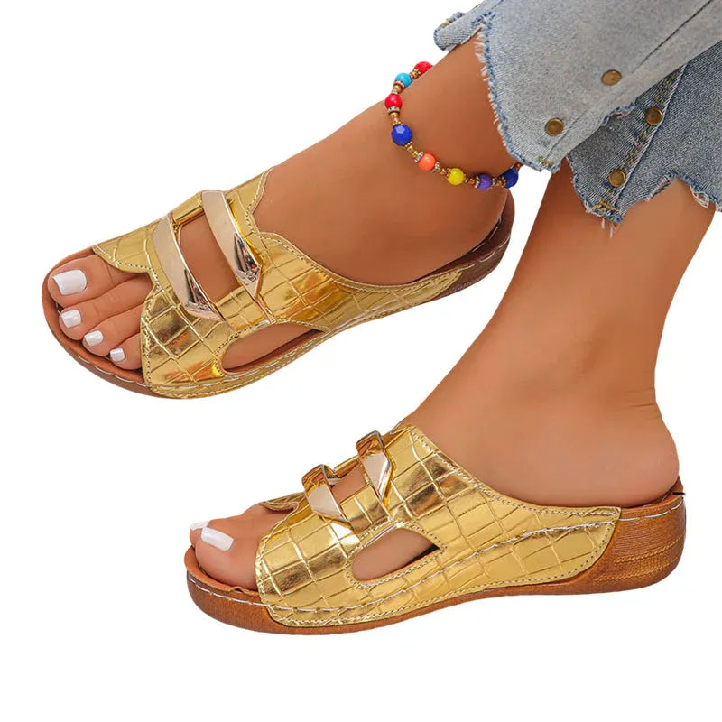 Women’s Metallic Accent Open-Toe Wedge Sandals