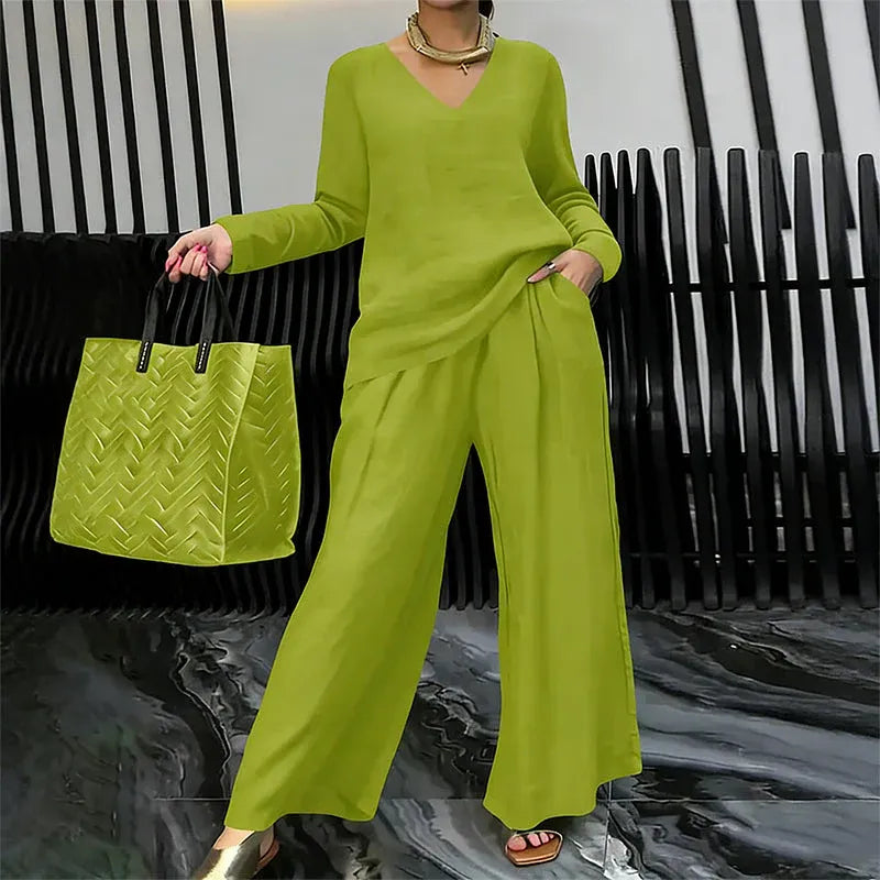 Women’s V-Neck Top and Wide-Leg Pants Set
