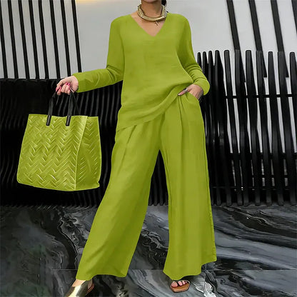 Women’s V-Neck Top and Wide-Leg Pants Set