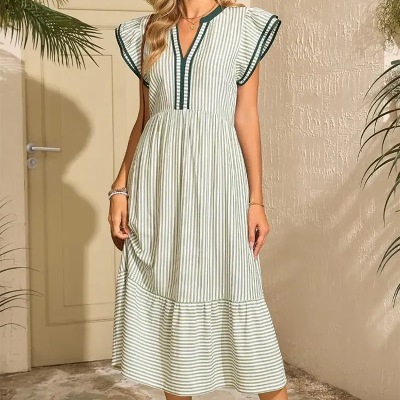 Women’s Striped V-Neck Flutter Sleeve Midi Dress