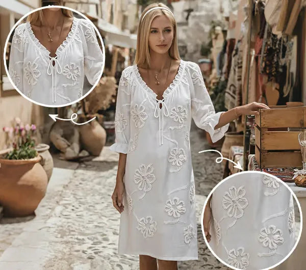 Women's Floral Embroidered Tie-Neck Dress