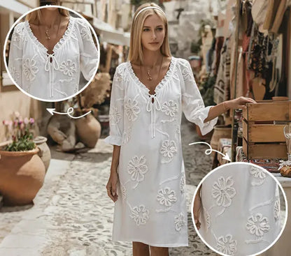 Women's Floral Embroidered Tie-Neck Dress