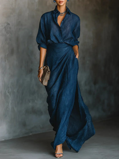 Women's Textured Collared Long Sleeve Maxi Dress