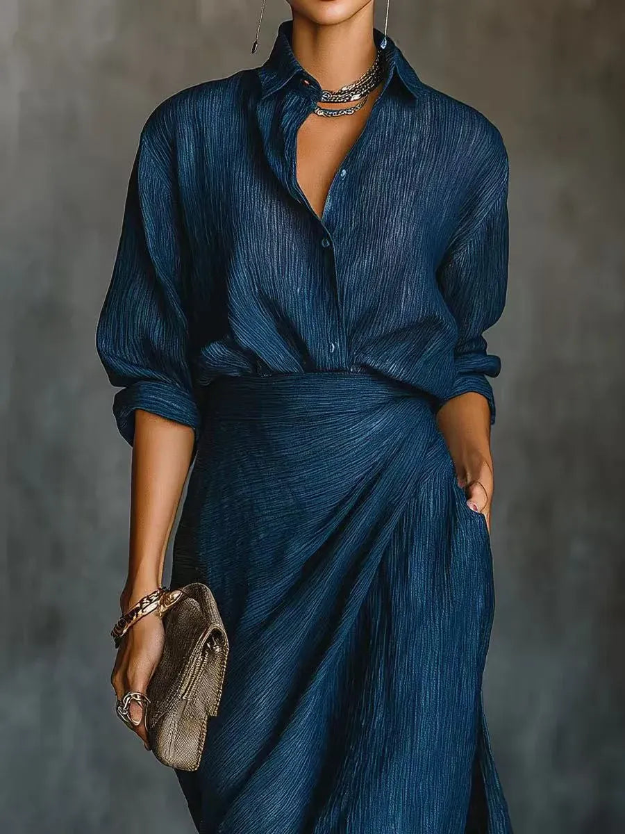 Women's Textured Collared Long Sleeve Maxi Dress