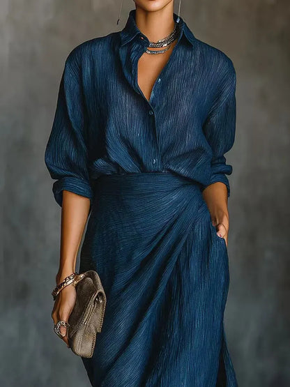 Women's Textured Collared Long Sleeve Maxi Dress