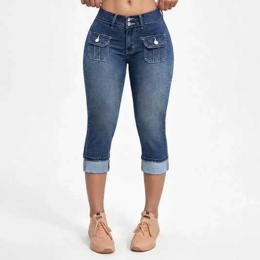 Slim Fit Stretch Denim Capri Pants with Cargo Pockets