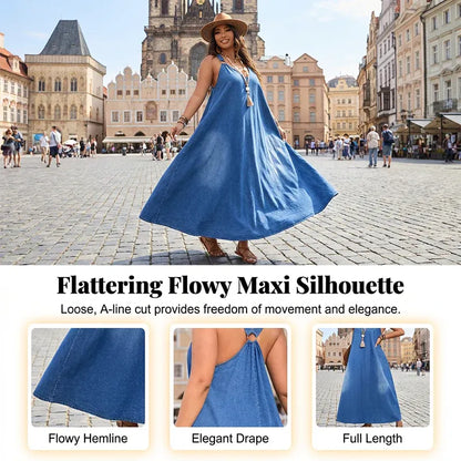 V-Neck Loose Fit Denim Maxi Dress