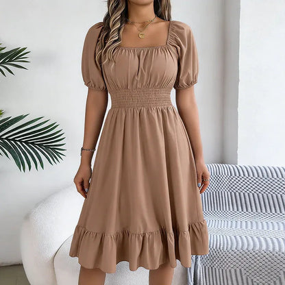 Women’s Smocked Square Neck Ruffle Hem Midi Dress