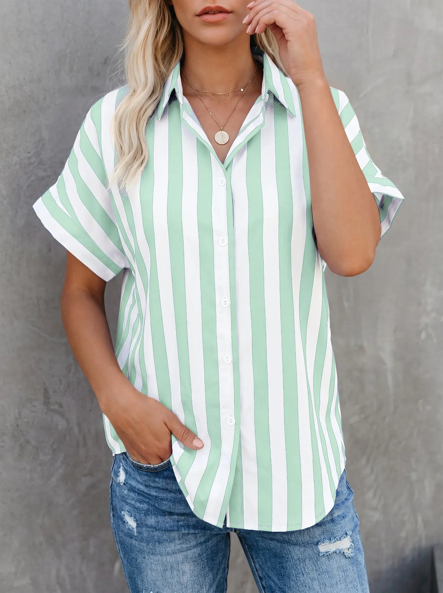 Women’s Striped Short Sleeve Button-Up Shirt
