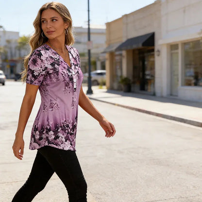 Women’s Floral V-Neck Button Front Casual Top