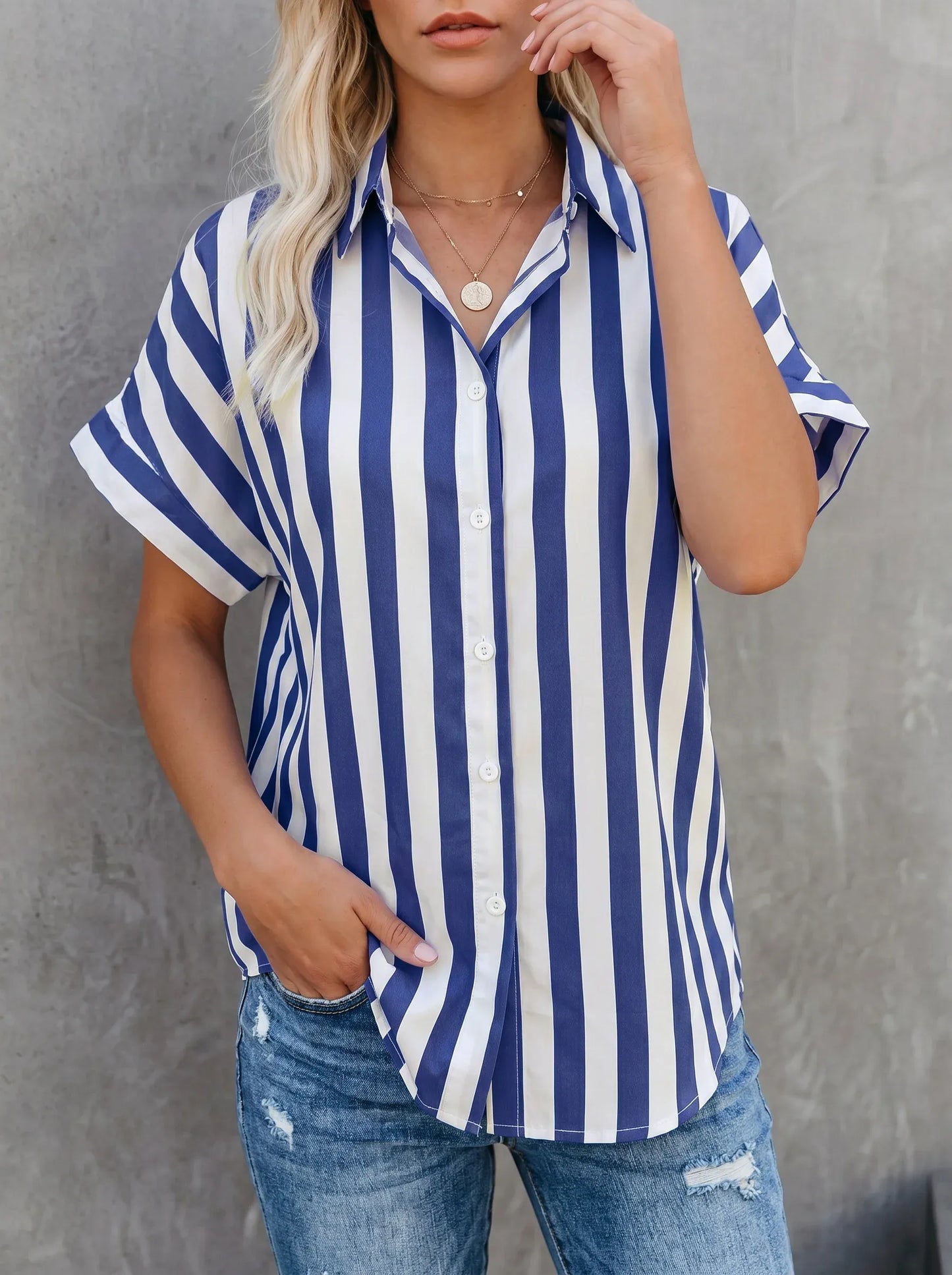 Women’s Striped Short Sleeve Button-Up Shirt