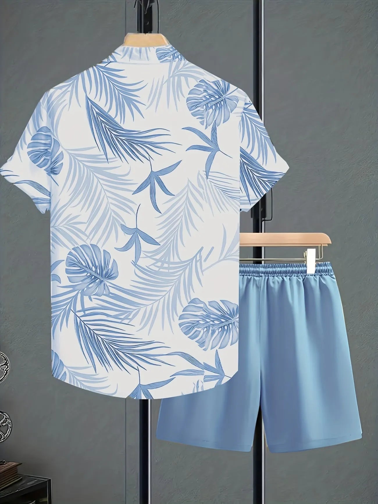 Men's Tropical Leaf Print Shirt & Drawstring Shorts Set