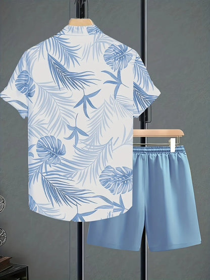 Men's Tropical Leaf Print Shirt & Drawstring Shorts Set