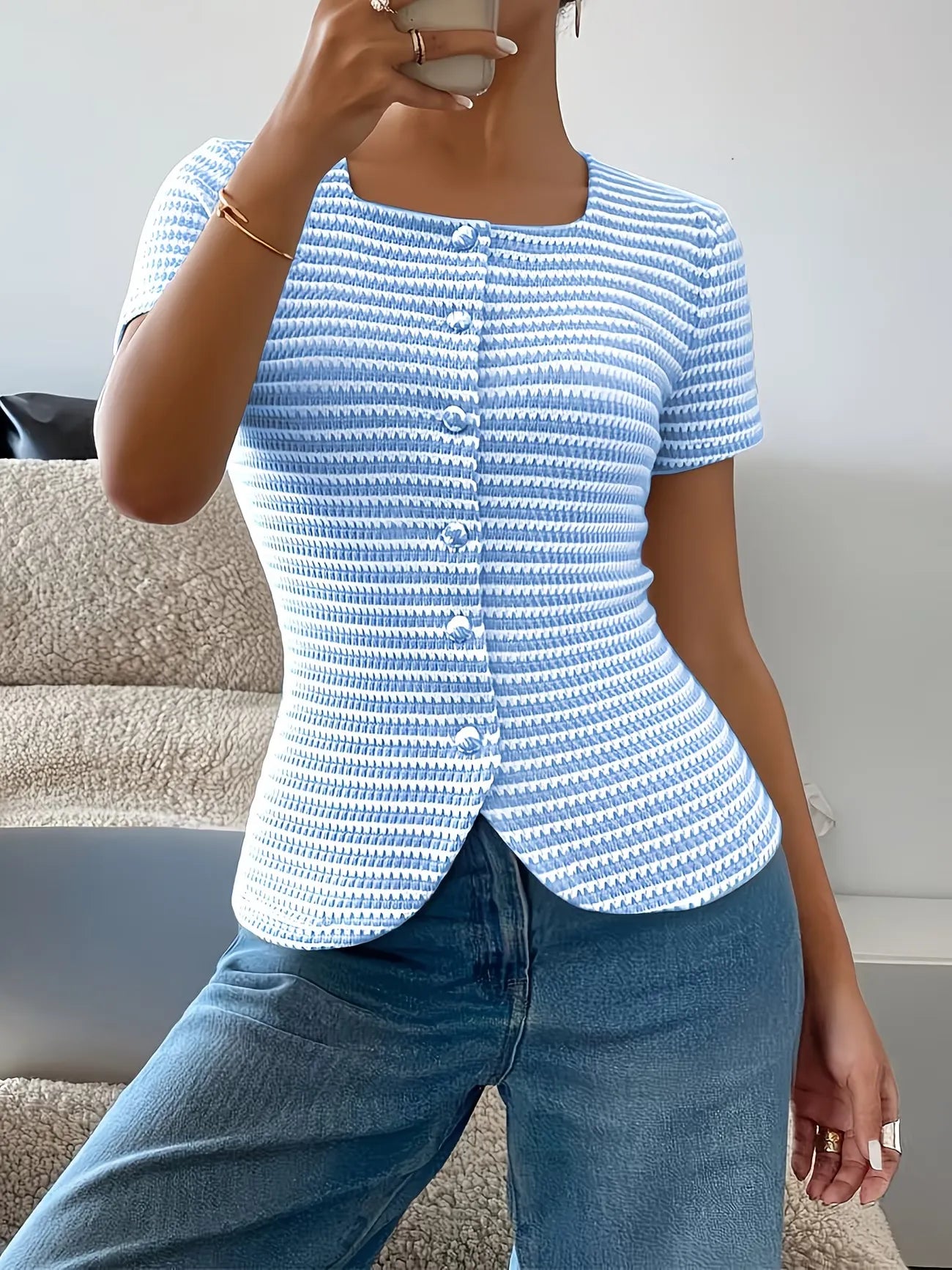 Women's Square Neck Textured Stripe Button Front Slim Fit Top