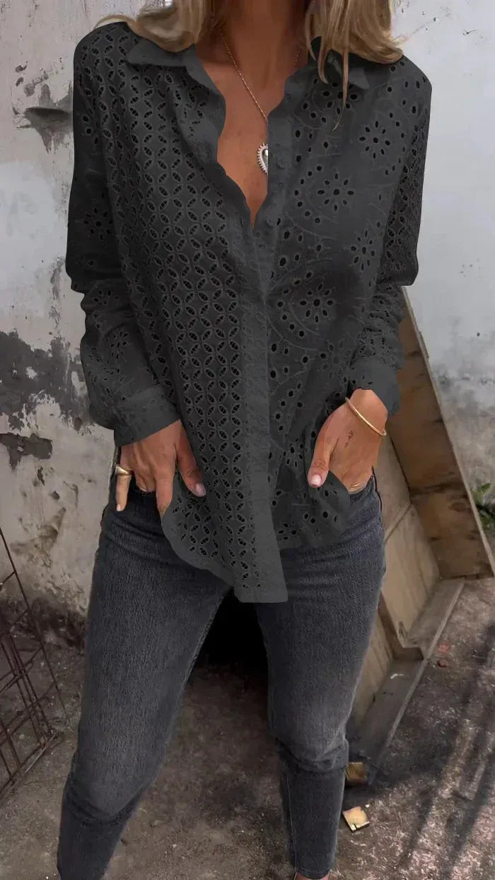 Women’s Eyelet Button-Front Long Sleeve Blouse