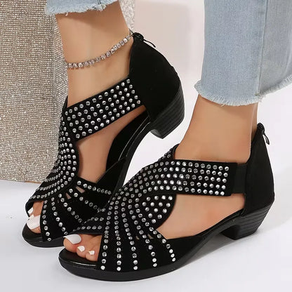 Women’s Rhinestone Cutout Open-Toe Low Heel Sandals