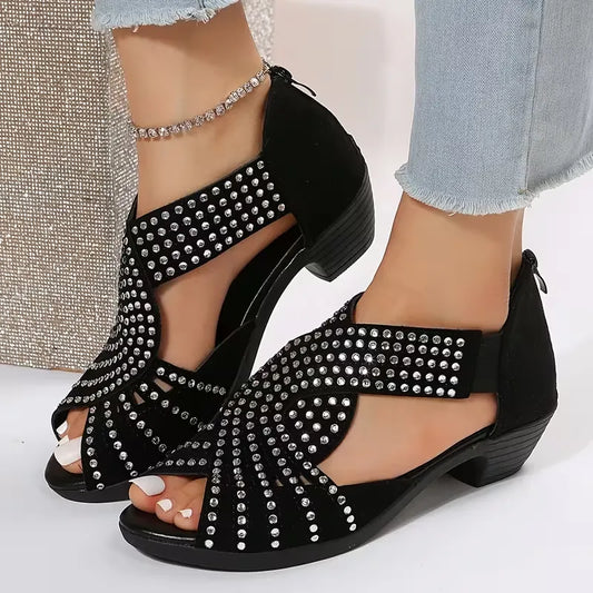 Women’s Rhinestone Cutout Open-Toe Low Heel Sandals