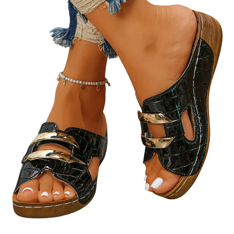 Women’s Metallic Accent Open-Toe Wedge Sandals