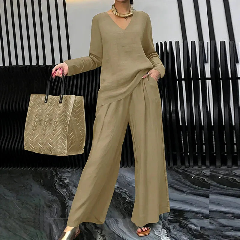 Women’s V-Neck Top and Wide-Leg Pants Set