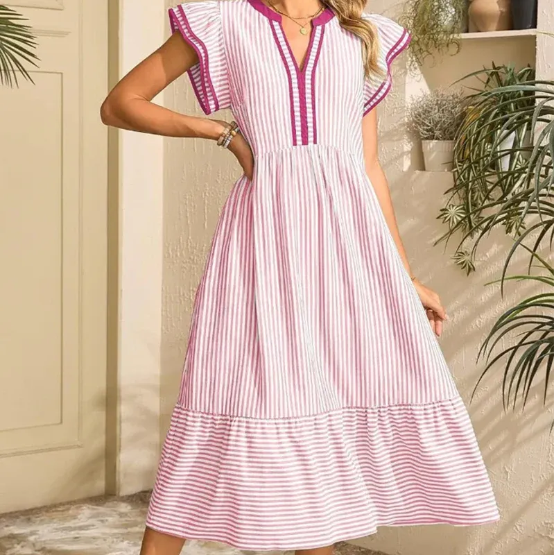Women’s Striped V-Neck Flutter Sleeve Midi Dress