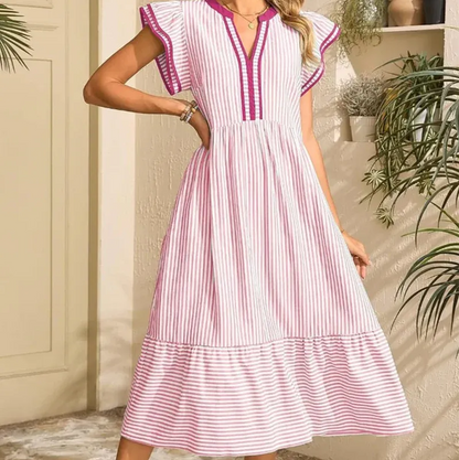 Women’s Striped V-Neck Flutter Sleeve Midi Dress