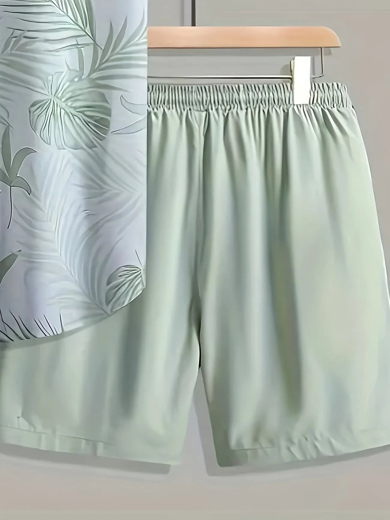 Men's Tropical Leaf Print Shirt & Drawstring Shorts Set