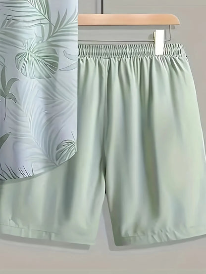 Men's Tropical Leaf Print Shirt & Drawstring Shorts Set