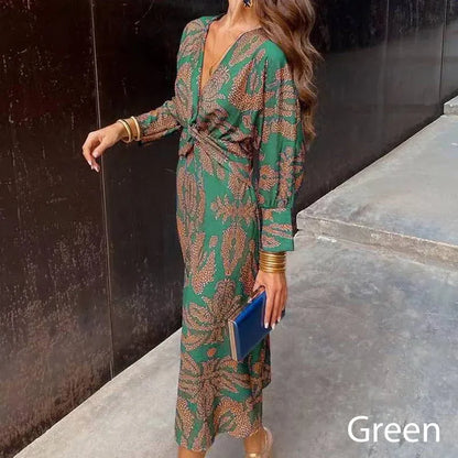 Women’s Printed V-Neck Long Sleeve Midi Dress
