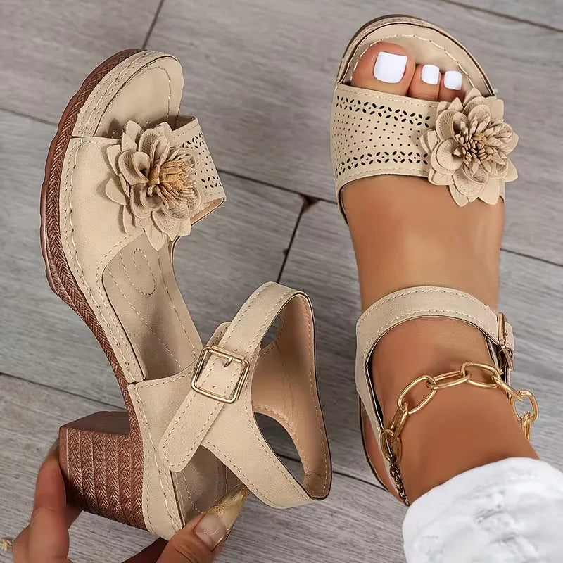 Women’s Floral Cutout Ankle-Strap Block Heel Sandals