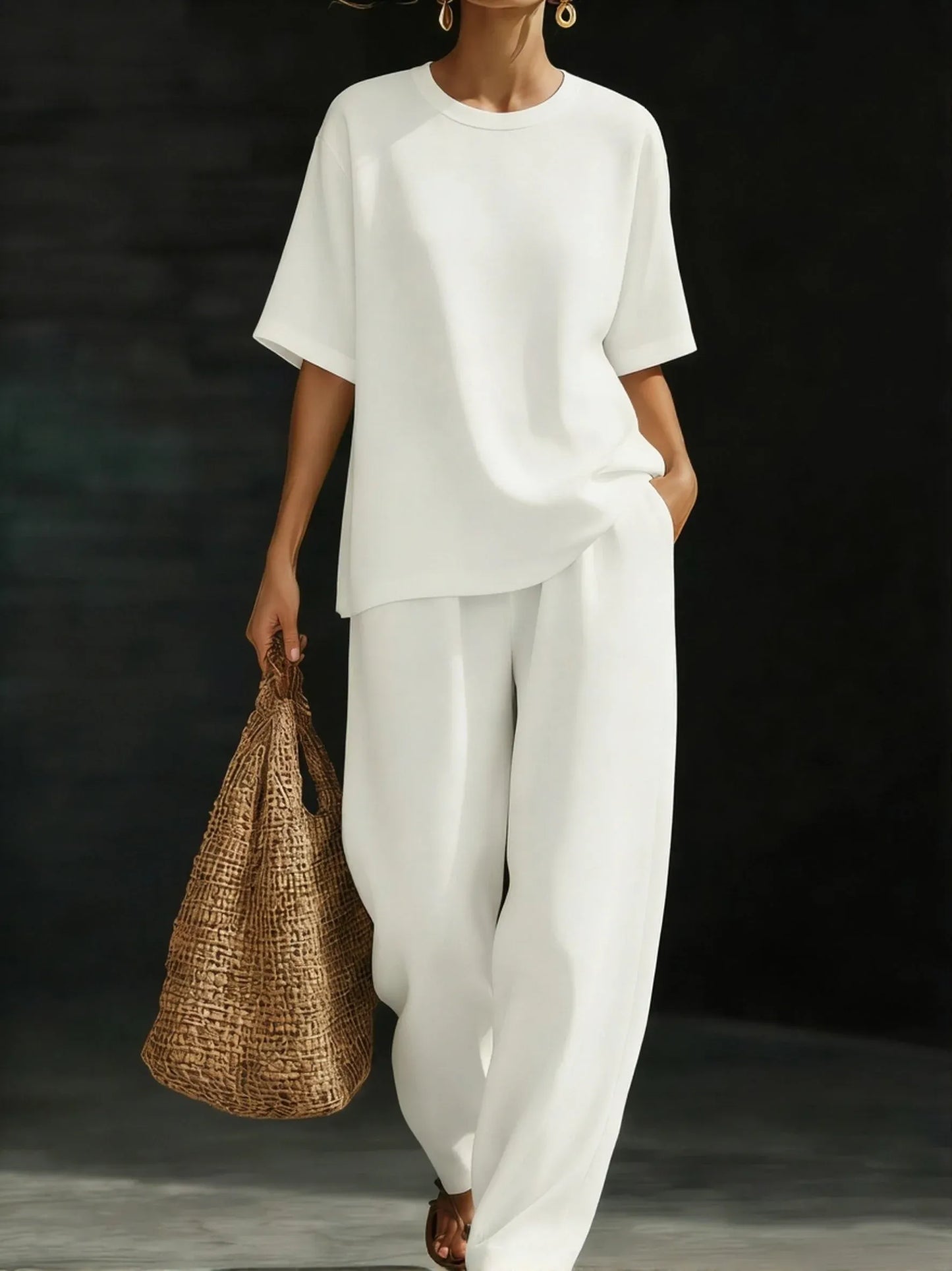 Women’s Relaxed Short-Sleeve Top and Wide-Leg Pants Set