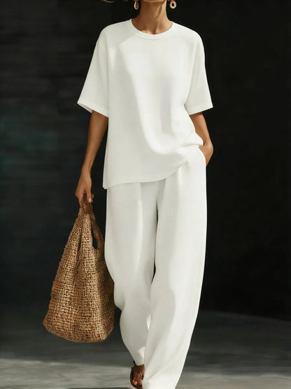 Women’s Relaxed Short-Sleeve Top and Wide-Leg Pants Set