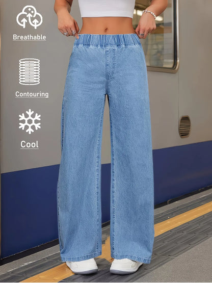 Women's High-Waisted Elastic Waist Wide-Leg Jeans