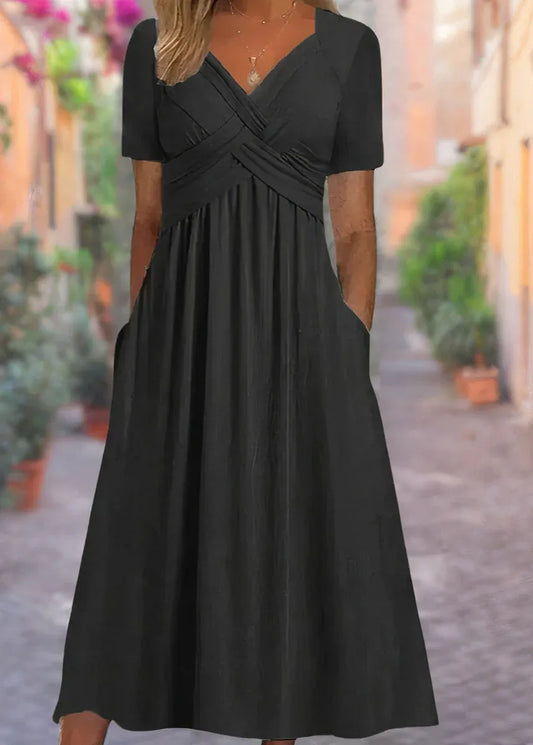 Women’s Ruched V-Neck Maxi Dress with Pockets
