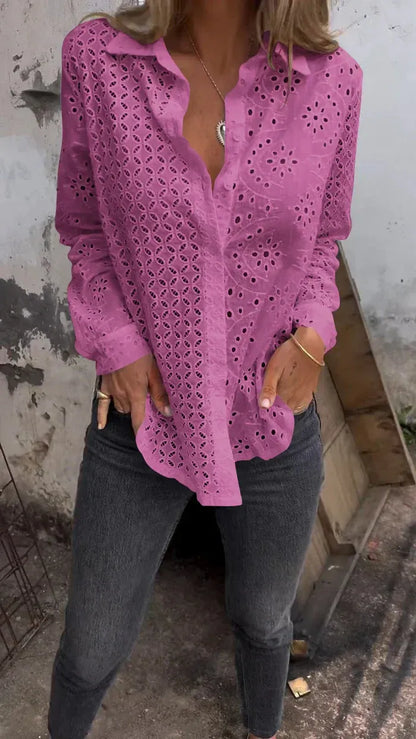 Women’s Eyelet Button-Front Long Sleeve Blouse