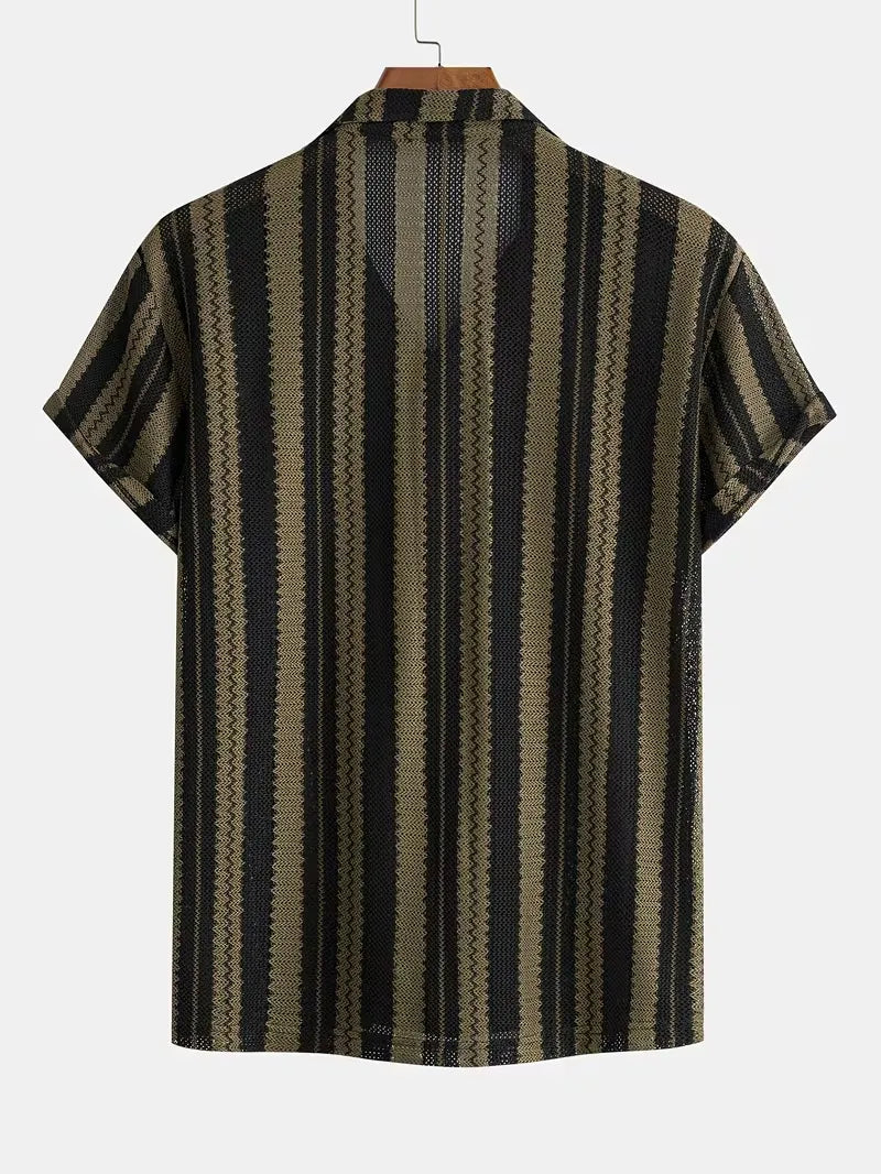 Men's Striped Button-Down Camp Collar Shirt