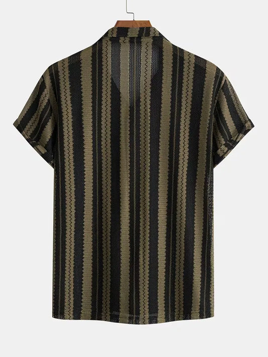 Men's Striped Button-Down Camp Collar Shirt