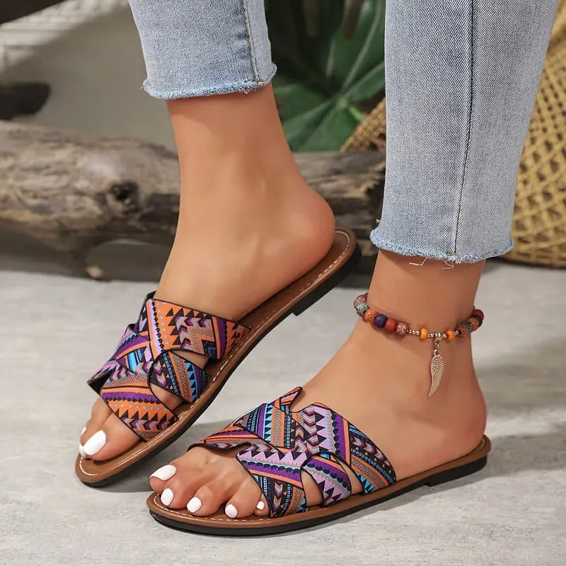 Women’s Printed Crisscross Flat Slide Sandals